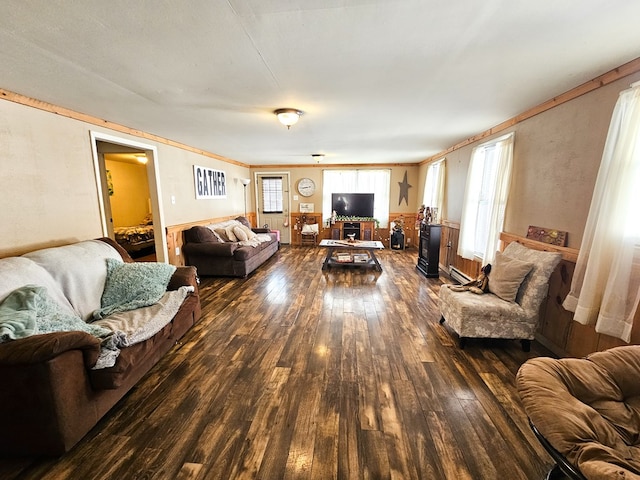 living room with a baseboard heating unit and dark wood-type flooring