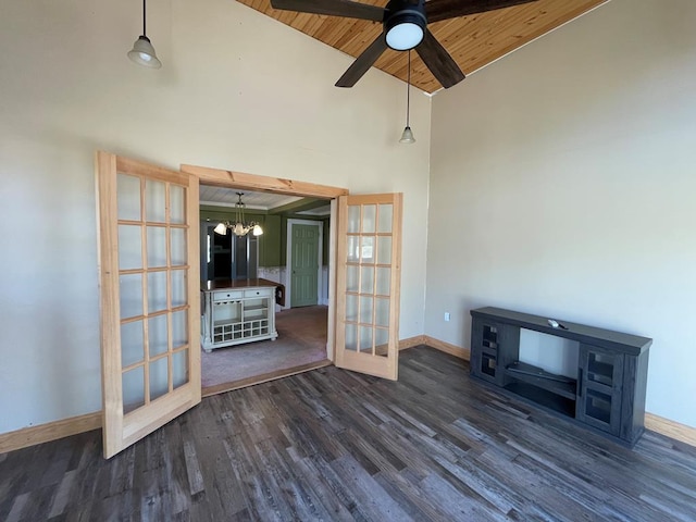 1571 State Route 44n, Coudersport, PA 16915 - unfurnished living room with french doors, wooden ceiling with exposed beams, baseboards, dark wood-style floors, and a chandelier