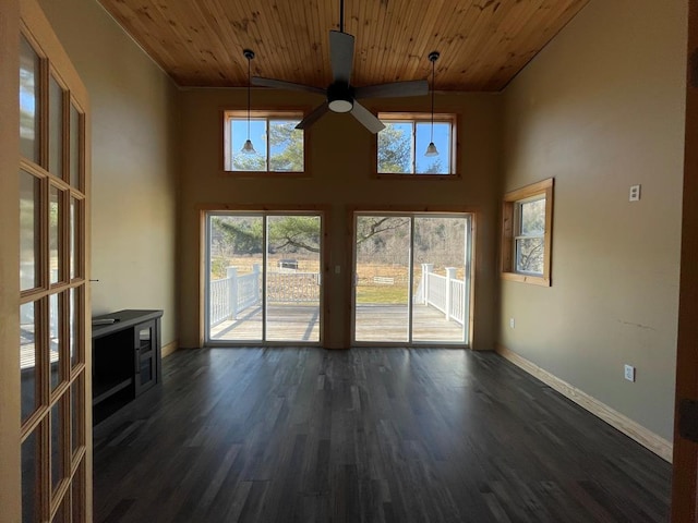 1571 State Route 44n, Coudersport, PA 16915 - unfurnished living room featuring wooden ceiling, a ceiling fan, baseboards, dark wood finished floors, and a towering ceiling
