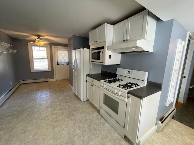 1571 State Route 44n, Coudersport, PA 16915 - kitchen with white appliances, under cabinet range hood, a baseboard radiator, dark countertops, and light flooring
