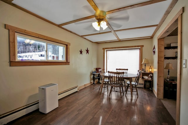 dining space featuring ceiling fan, a baseboard heating unit, and dark hardwood / wood-style flooring