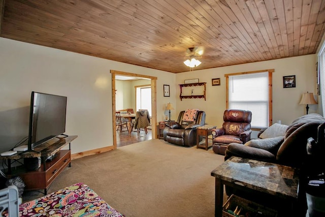 living room with ceiling fan, carpet, and wooden ceiling