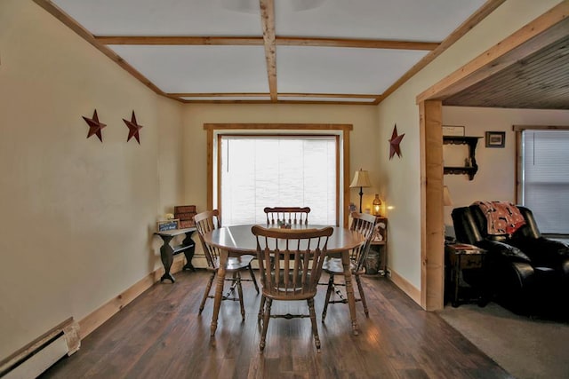 dining area with dark wood-type flooring and a baseboard radiator