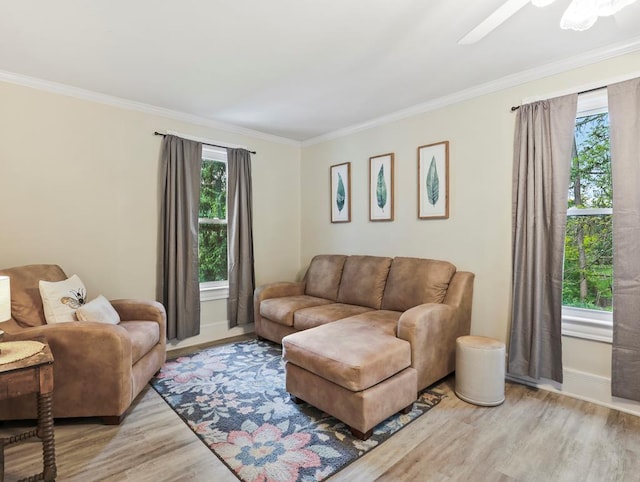 17800 Rte 6, Towanda, PA 18848 - living area with light wood-type flooring, crown molding, baseboards, and ceiling fan
