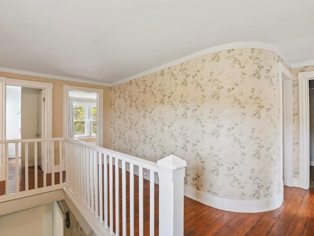 17800 Rte 6, Towanda, PA 18848 - corridor with wood-type flooring, baseboards, crown molding, and an upstairs landing