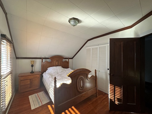 bedroom with lofted ceiling and dark wood-style flooring