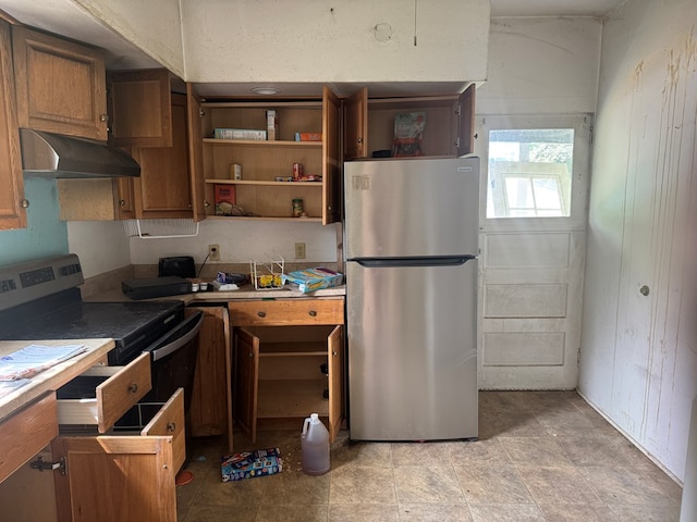 207 William St, Towanda, PA 18848 - kitchen with freestanding refrigerator, ventilation hood, open shelves, range with electric stovetop, and brown cabinetry