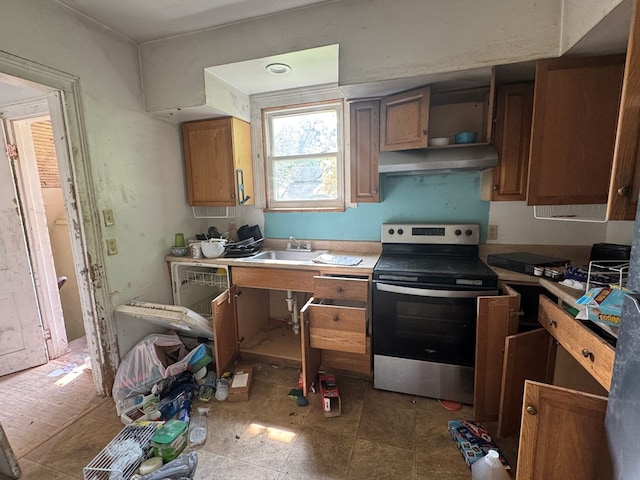 207 William St, Towanda, PA 18848 - kitchen with stainless steel electric range, under cabinet range hood, a sink, brown cabinetry, and light countertops