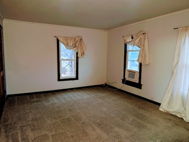 carpeted spare room featuring cooling unit and ornamental molding