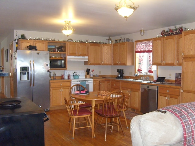 484 French Hill Rd, Middlebury Center, PA 16935 - kitchen with a sink, under cabinet range hood, stainless steel appliances, and light wood-type flooring