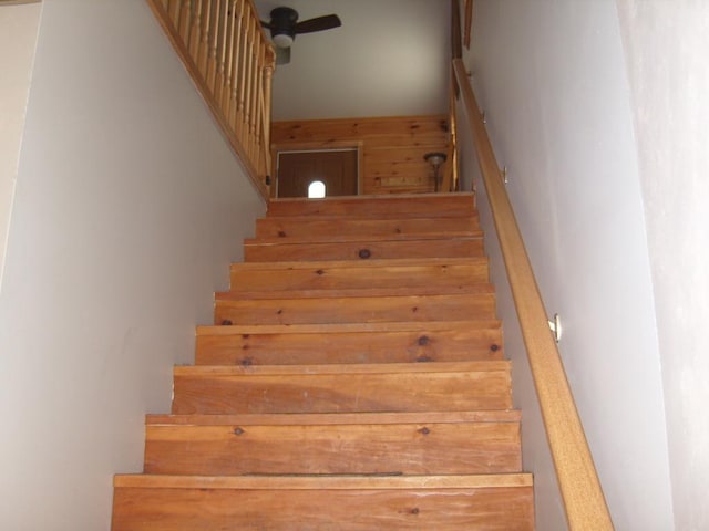 484 French Hill Rd, Middlebury Center, PA 16935 - stairway with wooden walls and ceiling fan
