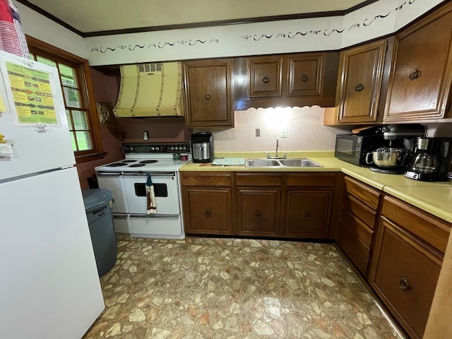286 Hidden Hollow Farm Dr, Austin, PA 16720 - kitchen featuring range hood, white appliances, light countertops, and stone finish flooring