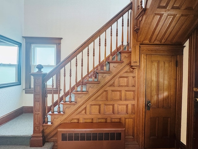 stairway featuring radiator heating unit and carpet