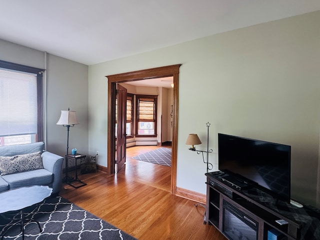 living area with plenty of natural light, wood finished floors, and baseboards