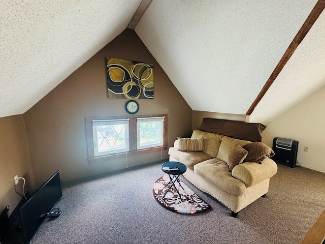 carpeted living room featuring a textured ceiling and vaulted ceiling