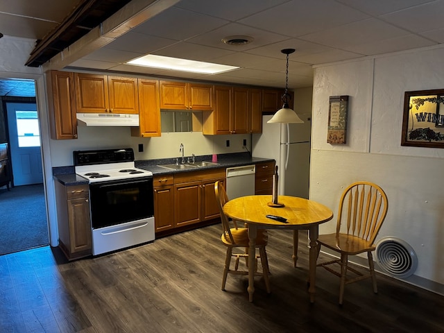 kitchen featuring range with electric stovetop, dishwasher, sink, dark hardwood / wood-style flooring, and white fridge