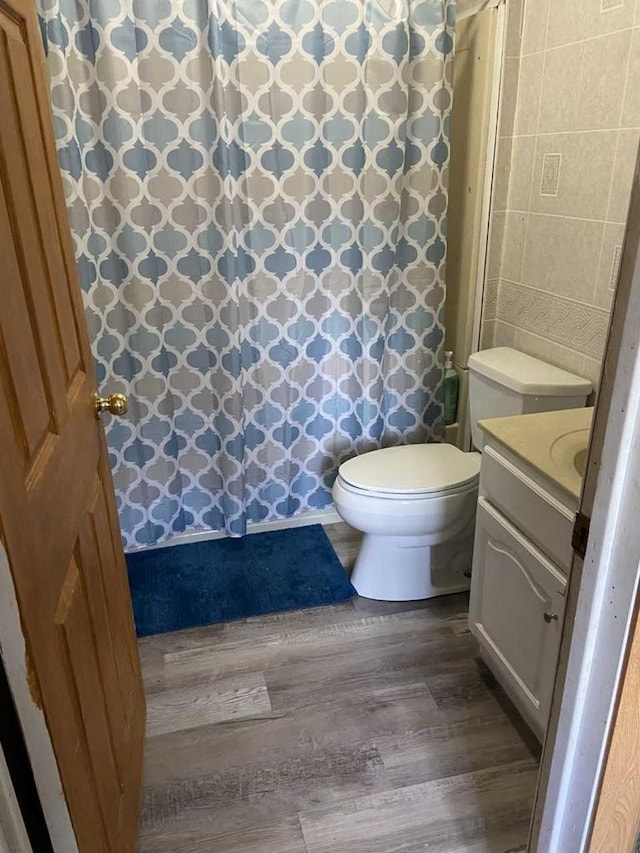 bathroom with vanity, toilet, and wood-type flooring