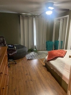 bedroom featuring ceiling fan and wood-type flooring