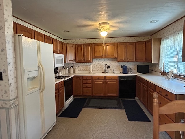 408 S E St, Coudersport, PA 16915 - kitchen with white appliances, wallpapered walls, brown cabinets, and light countertops