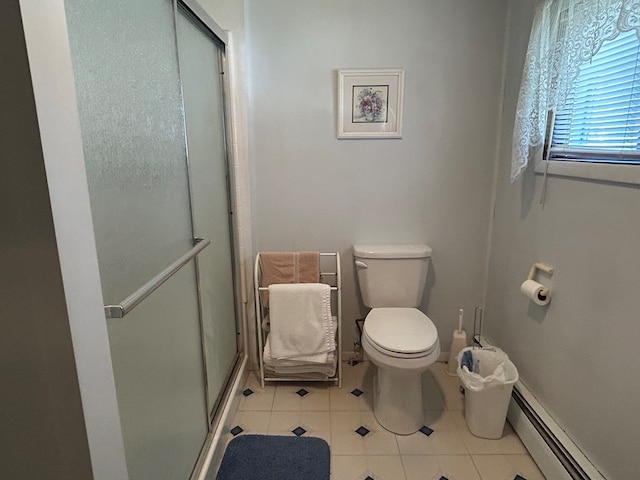 408 S E St, Coudersport, PA 16915 - bathroom featuring a baseboard radiator, tile patterned flooring, and a shower stall