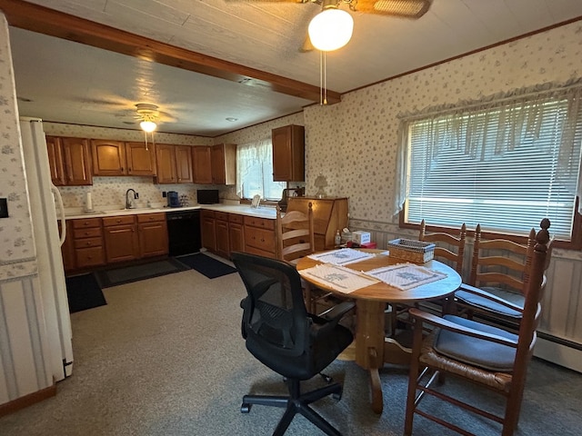 408 S E St, Coudersport, PA 16915 - dining space featuring ceiling fan, wallpapered walls, ornamental molding, and beamed ceiling