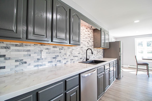 kitchen featuring decorative backsplash, appliances with stainless steel finishes, a baseboard heating unit, sink, and light hardwood / wood-style flooring