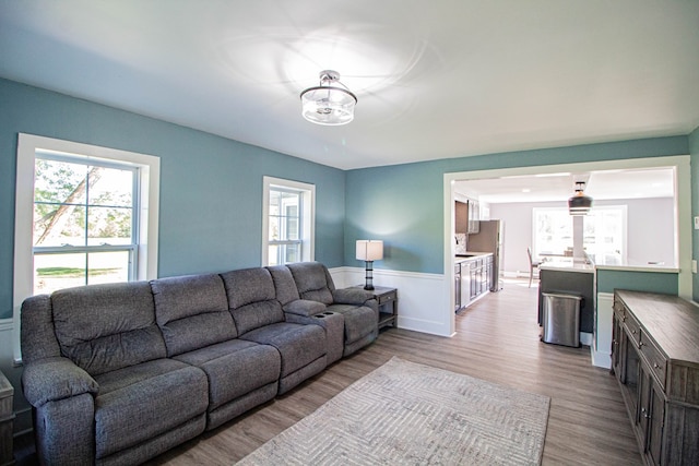 living room with light hardwood / wood-style floors and a wealth of natural light