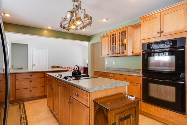 6270 Wolf Run Rd, Campbell-Savona, NY 14821 - kitchen with black appliances, a center island, light wood-style flooring, glass insert cabinets, and recessed lighting