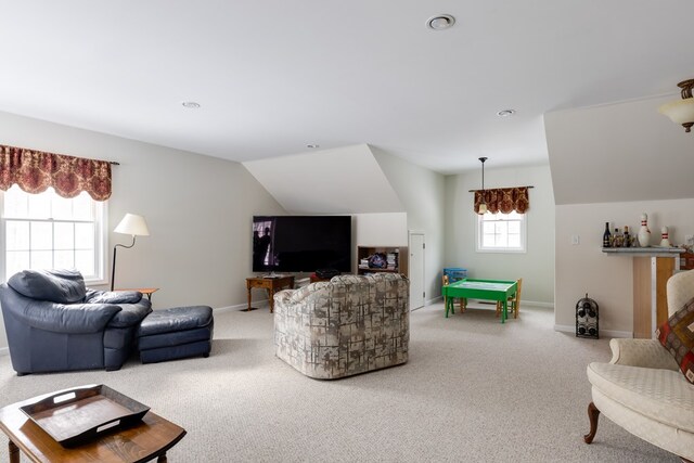 6270 Wolf Run Rd, Campbell-Savona, NY 14821 - carpeted living room featuring baseboards, lofted ceiling, and recessed lighting