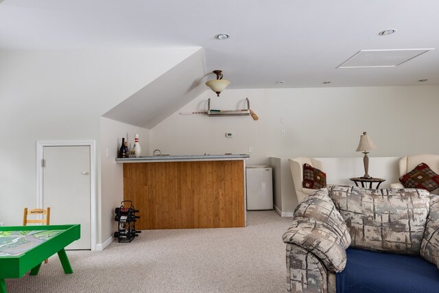 6270 Wolf Run Rd, Campbell-Savona, NY 14821 - bedroom featuring light colored carpet, bar with sink, refrigerator, and baseboards