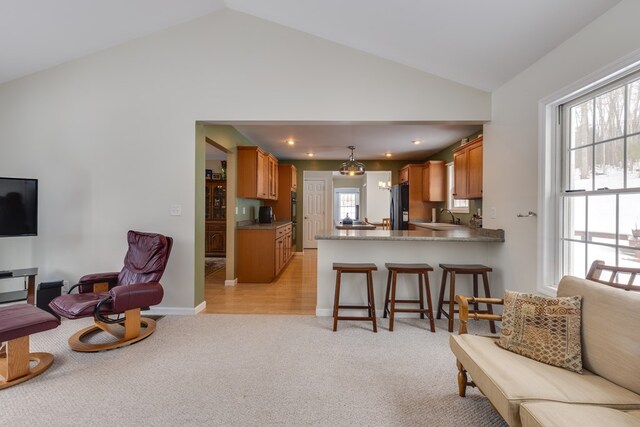 6270 Wolf Run Rd, Campbell-Savona, NY 14821 - living room featuring light colored carpet, vaulted ceiling, baseboards, and recessed lighting