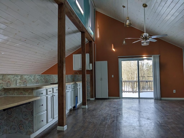 bonus room featuring vaulted ceiling, ceiling fan, wooden ceiling, and dark hardwood / wood-style flooring