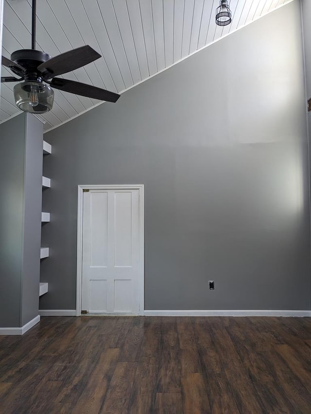 empty room with lofted ceiling, dark wood-type flooring, wooden ceiling, and ceiling fan