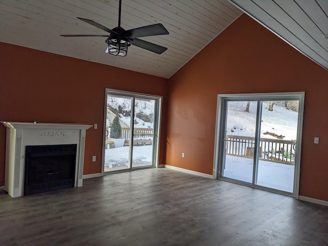 unfurnished living room featuring hardwood / wood-style flooring, ceiling fan, lofted ceiling, and wooden ceiling