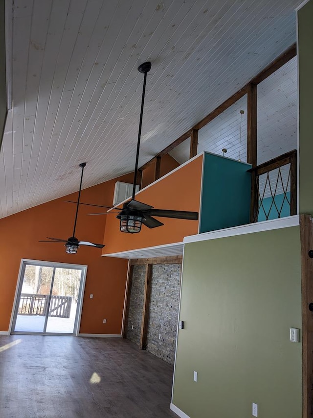 spare room featuring ceiling fan, high vaulted ceiling, and wooden ceiling