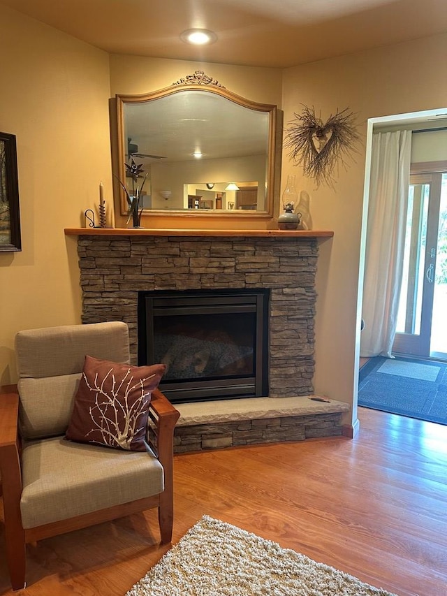 living area with a fireplace and wood-type flooring