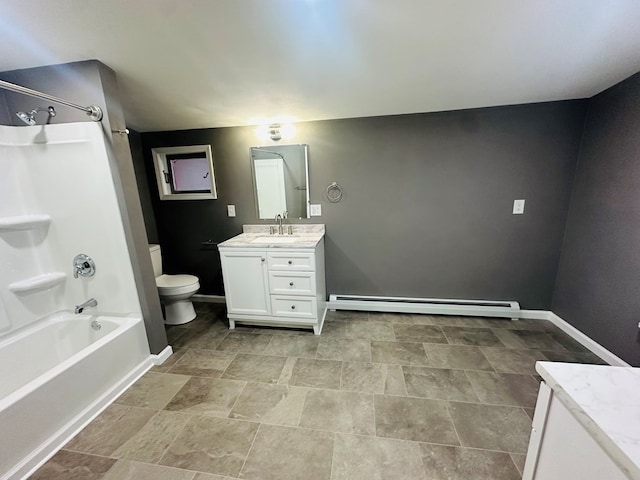 full bathroom with shower / tub combination, toilet, a baseboard heating unit, and vanity