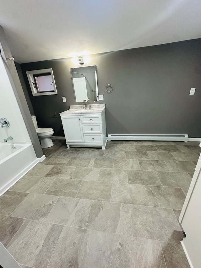 full bathroom featuring a baseboard radiator, toilet, vanity, and  shower combination