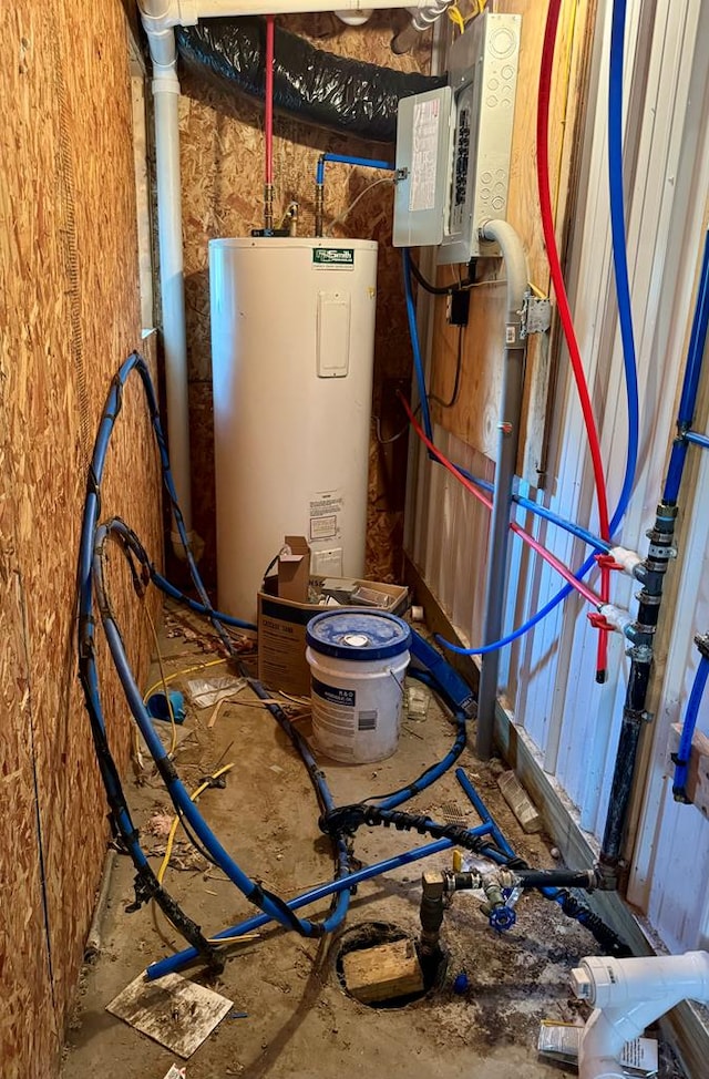 utility room with electric panel and water heater