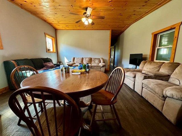 dining room with ceiling fan, dark wood-type flooring, wooden ceiling, and ornamental molding