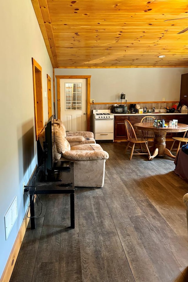 living room with wood-type flooring, vaulted ceiling, and wood ceiling