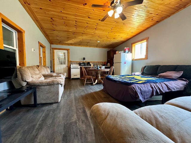 bedroom featuring white refrigerator, dark hardwood / wood-style floors, ceiling fan, and wooden ceiling