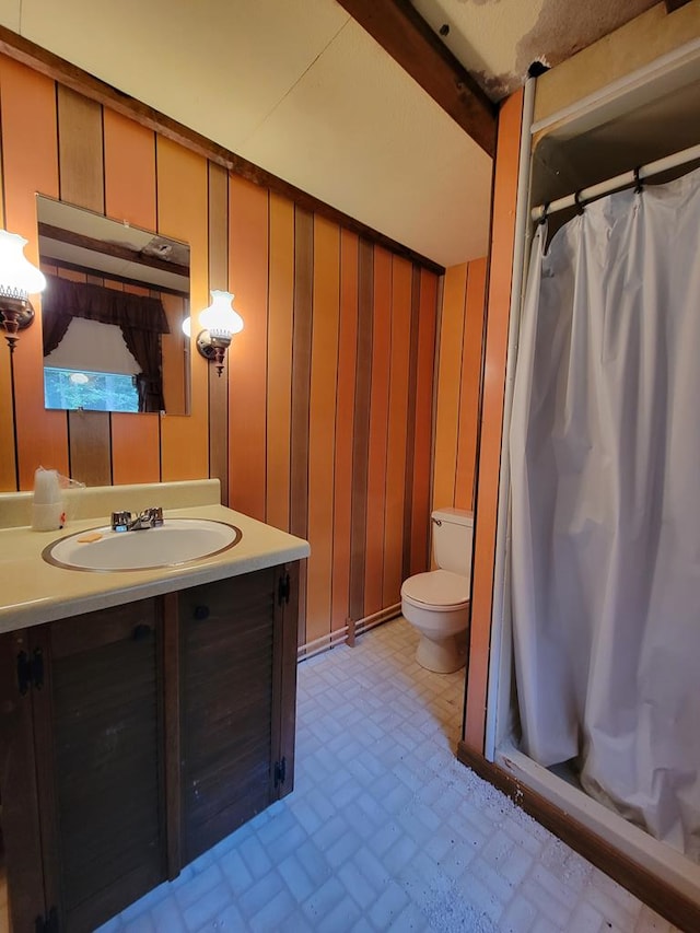 bathroom with wood walls, vanity, and toilet