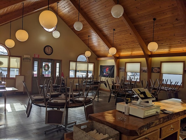 living room with high vaulted ceiling, beamed ceiling, plenty of natural light, dark hardwood / wood-style flooring, and wood ceiling