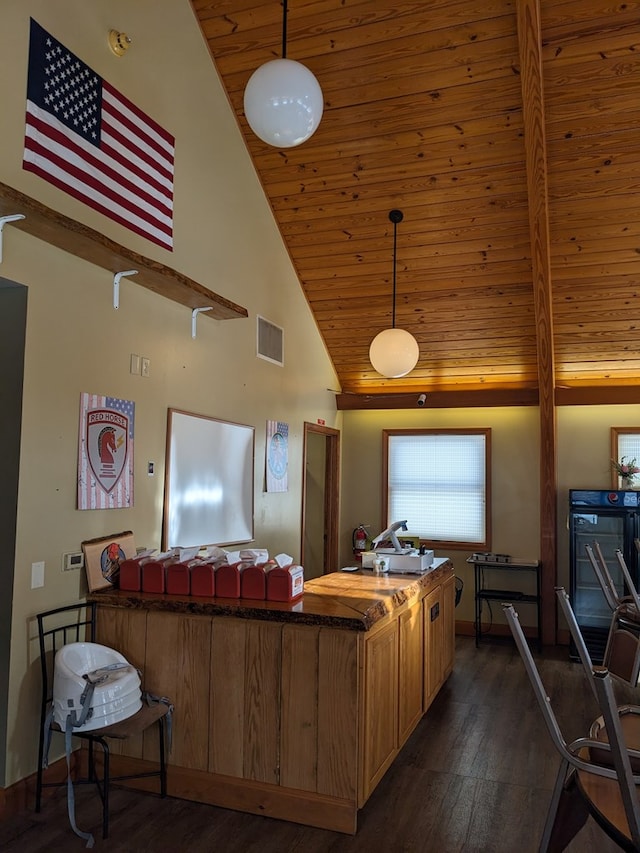 living room featuring high vaulted ceiling and wood ceiling