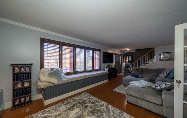 living room featuring crown molding, dark wood-type flooring, and a textured ceiling