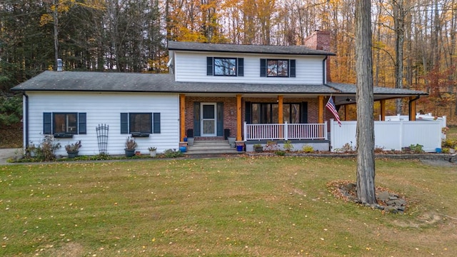 view of front of property with a porch and a front yard