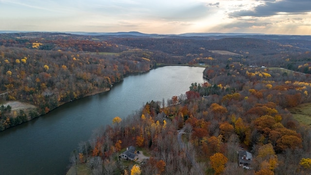 aerial view at dusk with a water view