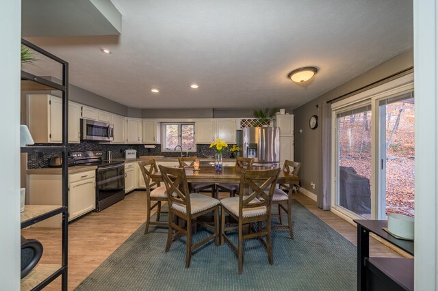 dining room with sink, plenty of natural light, and light hardwood / wood-style flooring