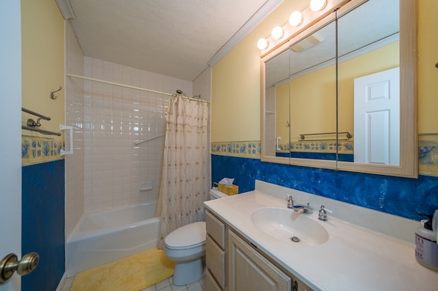 full bathroom featuring toilet, a textured ceiling, vanity, shower / bath combination with curtain, and tile patterned flooring